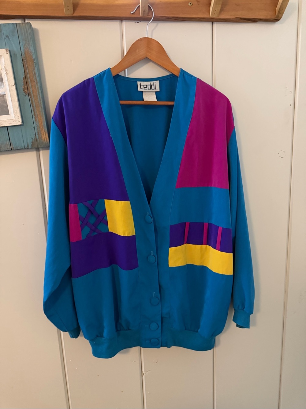 Vintage Teddi 80s Colorblock Jacket Teal Purple Pink Oversized